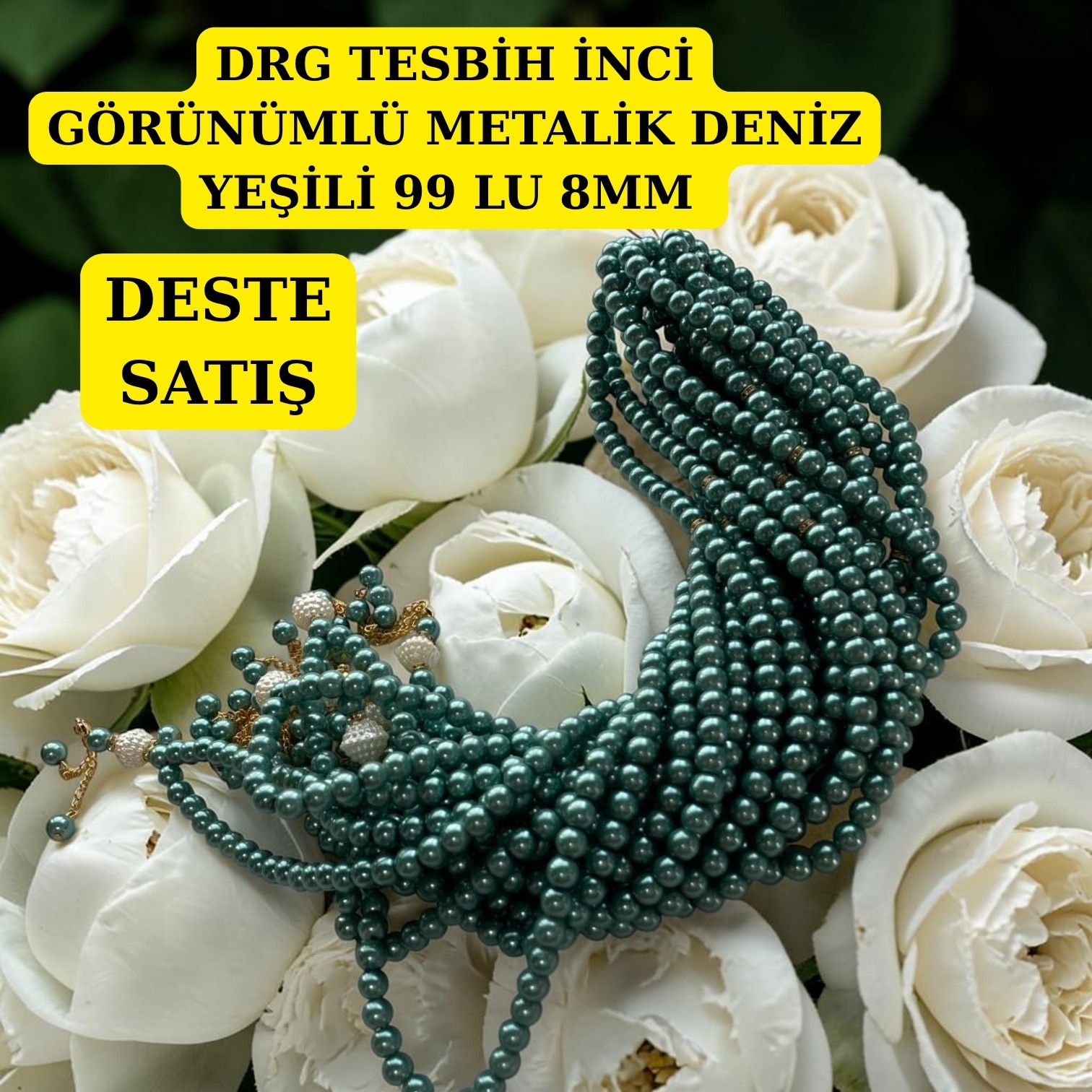 DRG TESBİH İNCİ GÖRÜNÜMLÜ METALİK DENİZ YEŞİLİ 99 LU 8MM DESTE