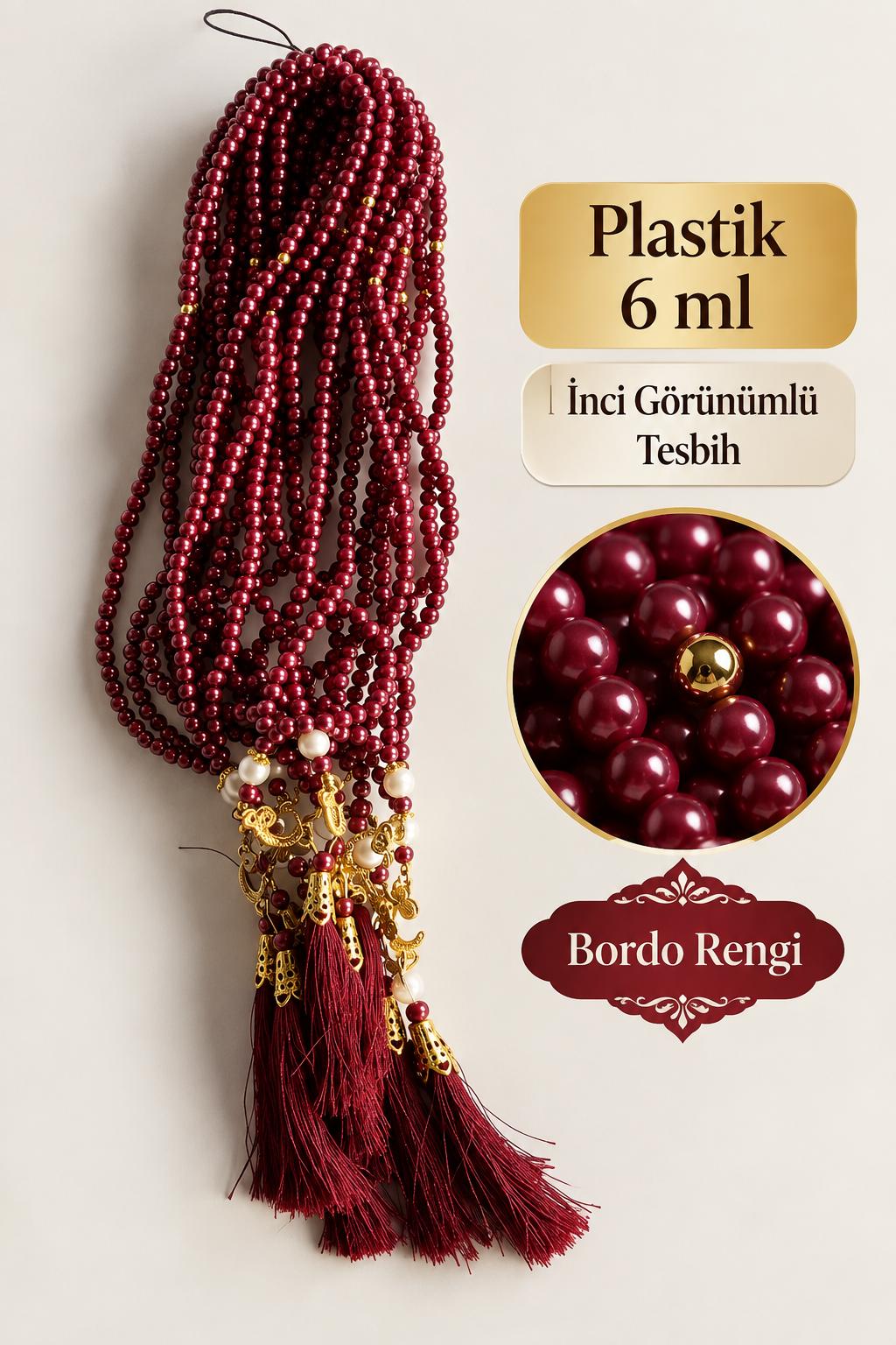 BRK PLASTİK 6 MM İNCİ GÖRÜNÜMLÜ TESBİH BORDO RENK (DESTE SATIŞ) 