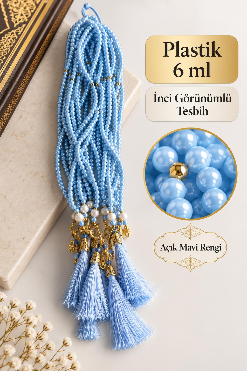 BRK PLASTİK 6 MM İNCİ GÖRÜNÜMLÜ TESBİH AÇIK MAVİ RENK (DESTE SATIŞ) 