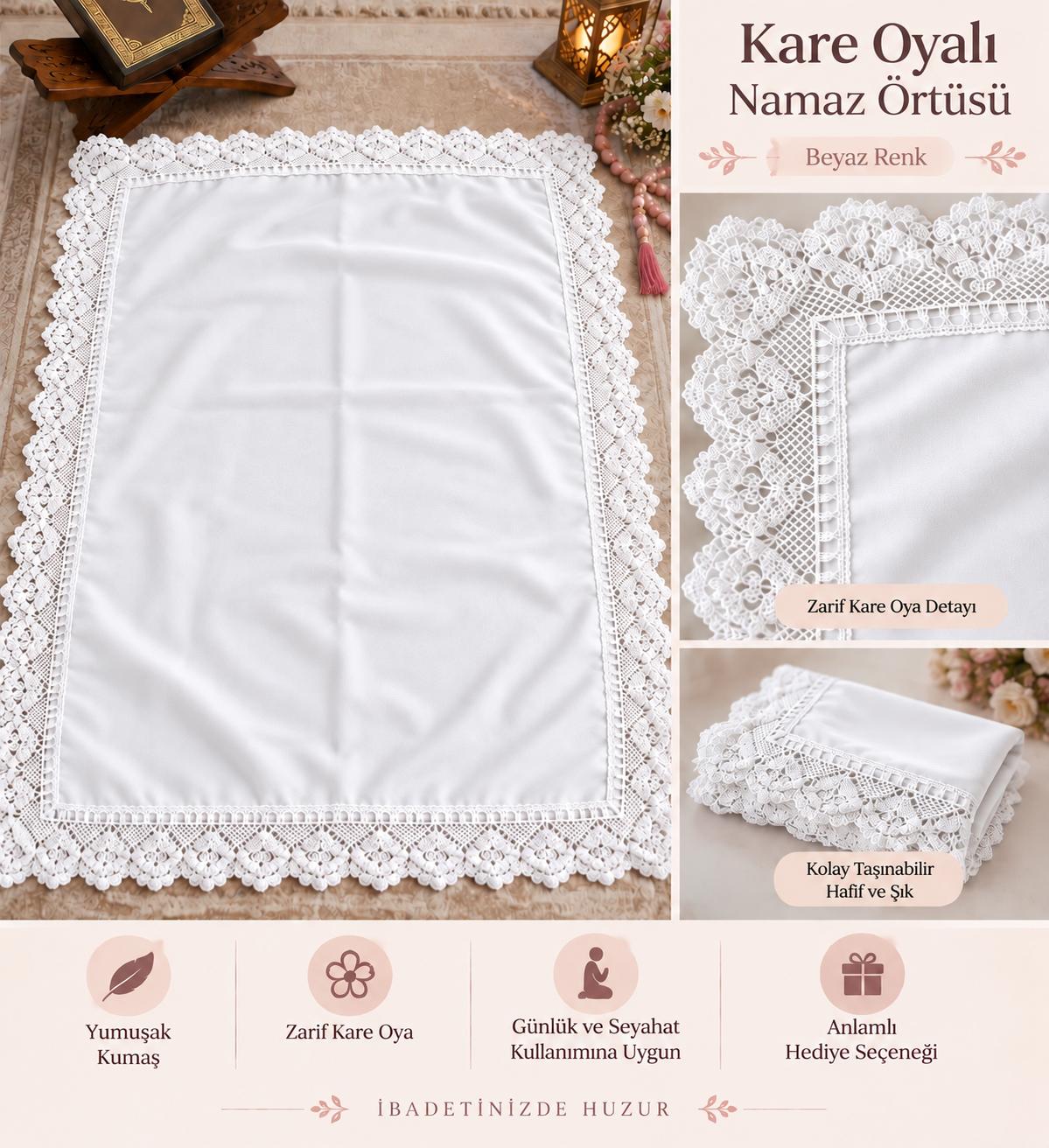 BRZ KARE OYALI BEYAZ NAMAZ ÖRTÜSÜ ADET SATIŞ