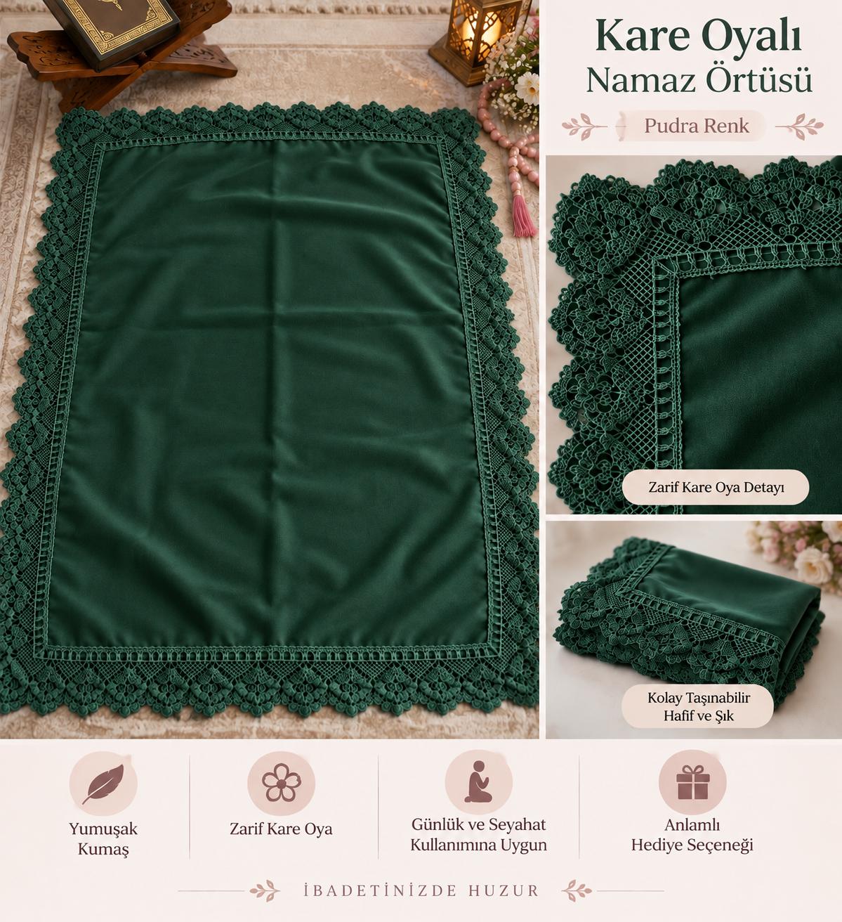 BRZ KARE OYALI KOYU YEŞİL NAMAZ ÖRTÜSÜ ADET SATIŞ