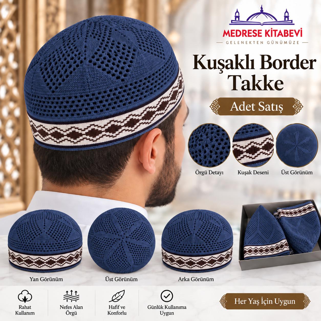 ŞM KUŞAKLI BORDER ZÜMRÜT TAKKE LACİVERT (ADET SATIŞ )