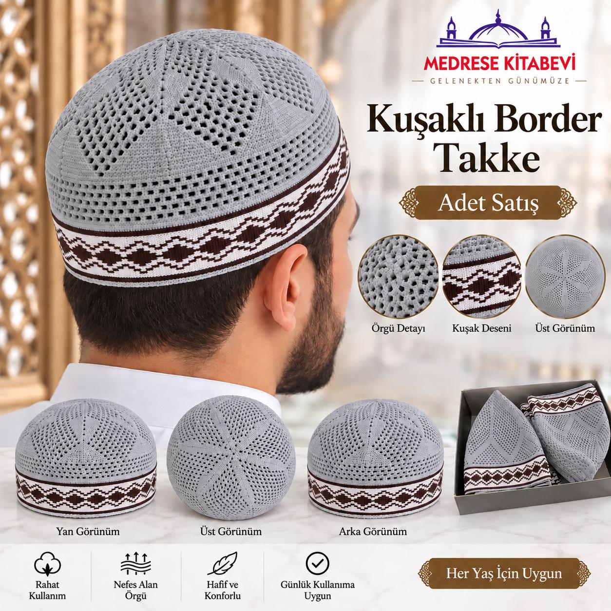 ŞM KUŞAKLI BORDER ZÜMRÜT TAKKE GRİ (ADET SATIŞ)