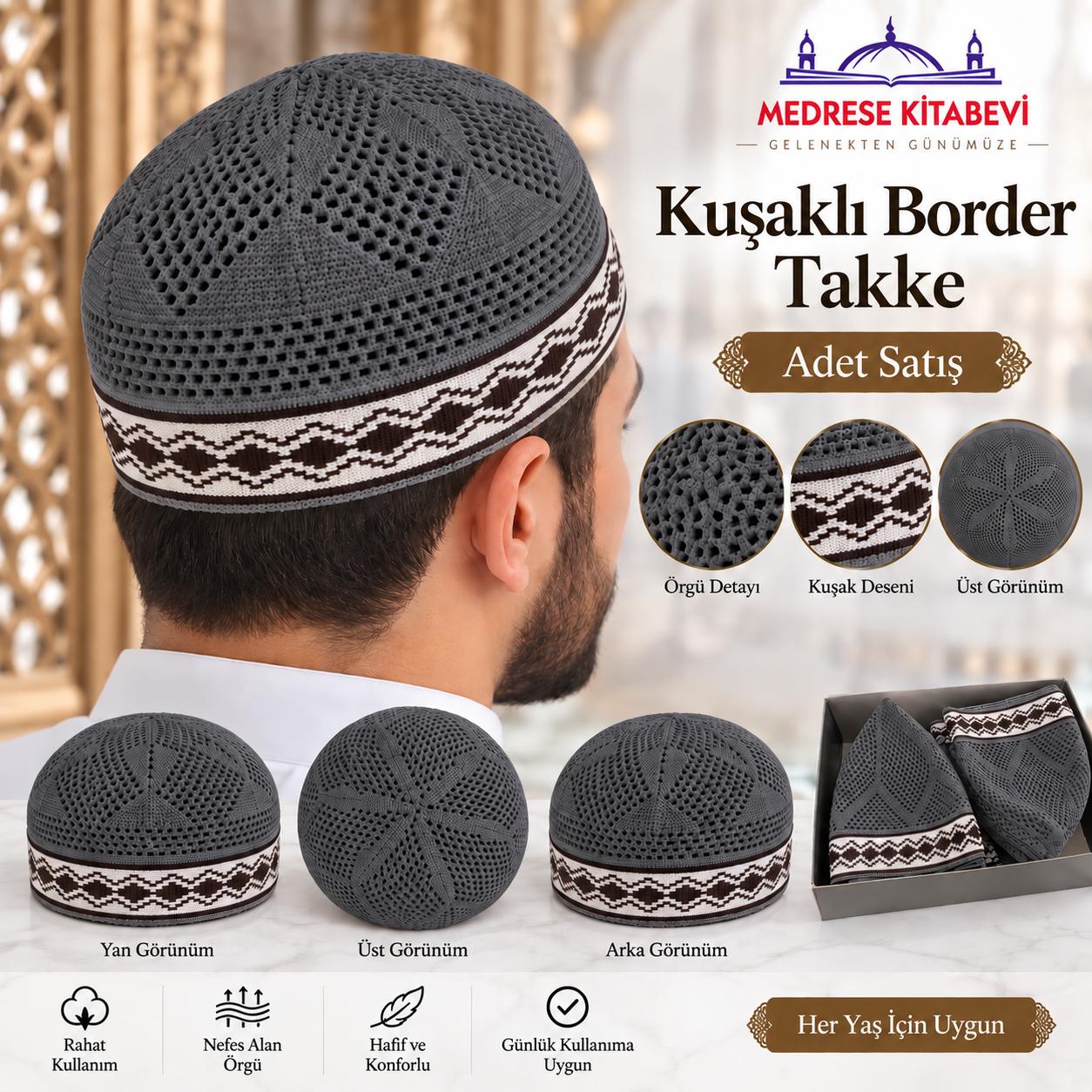 ŞM KUŞAKLI BORDER ZÜMRÜT TAKKE KOYU GRİ (ADET SATIŞ)