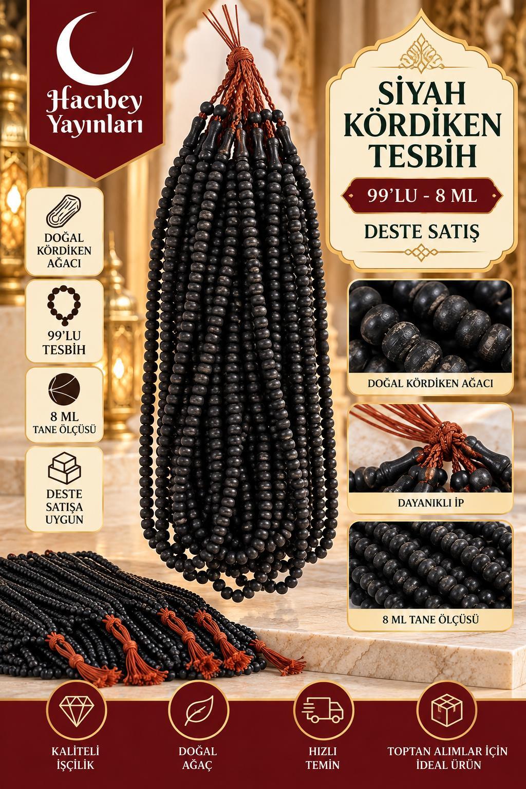 AO SİYAH KÖRDİKEN 99'LU 8MM TESBİH (DESTE SATIŞ)