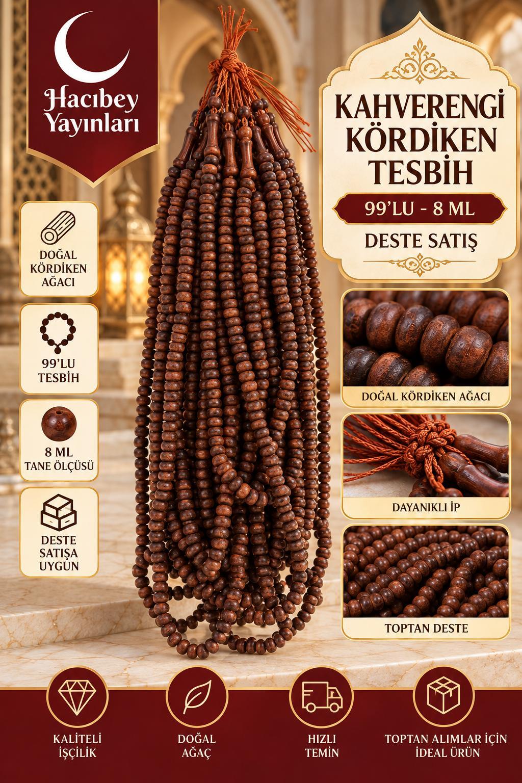 AO KAHVERENGİ KÖRDİKEN 99'LU 8MM TESBİH (DESTE SATIŞ)