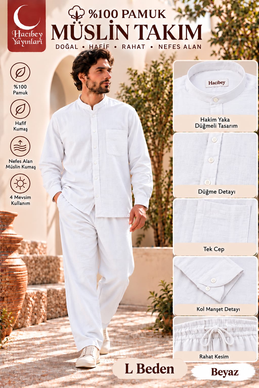 HR %100 PAMUK MÜSLİN TAKIM BEYAZ L BEDEN