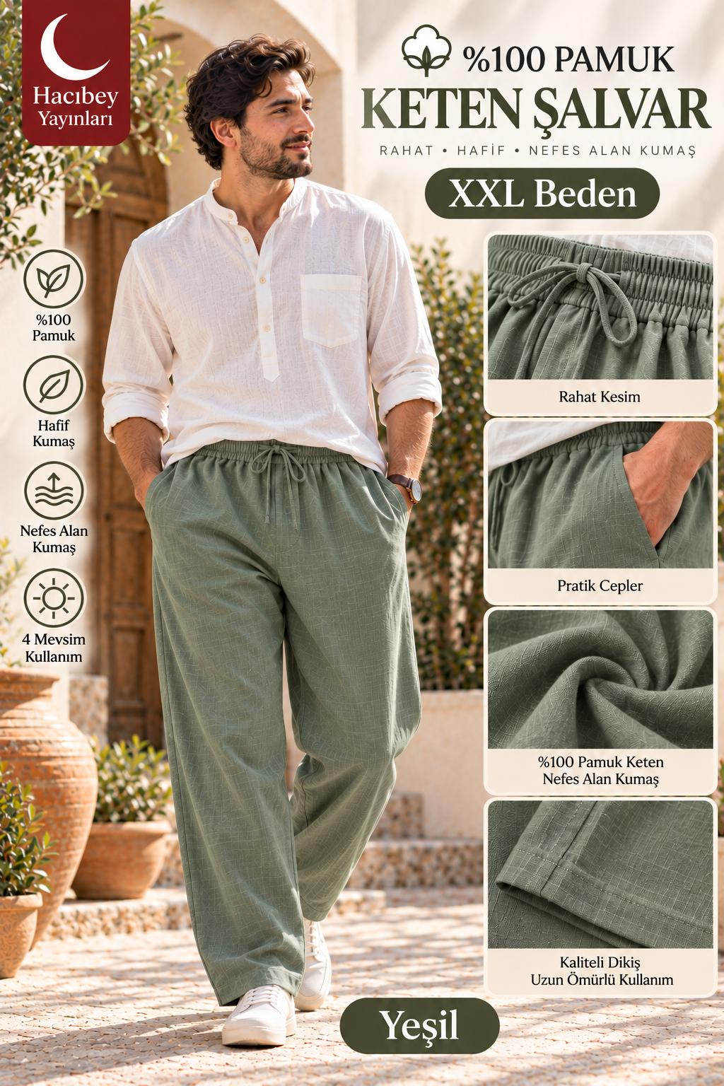 HR %100 PAMUK KETEN ŞALVAR YEŞİL XXL BEDEN