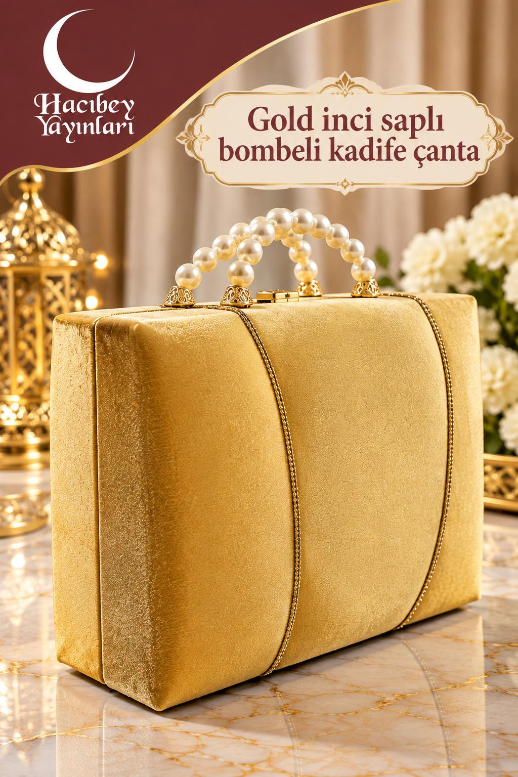 HVR GOLD İNCİ SAPLI BOMBELİ KADİFE ÇANTA