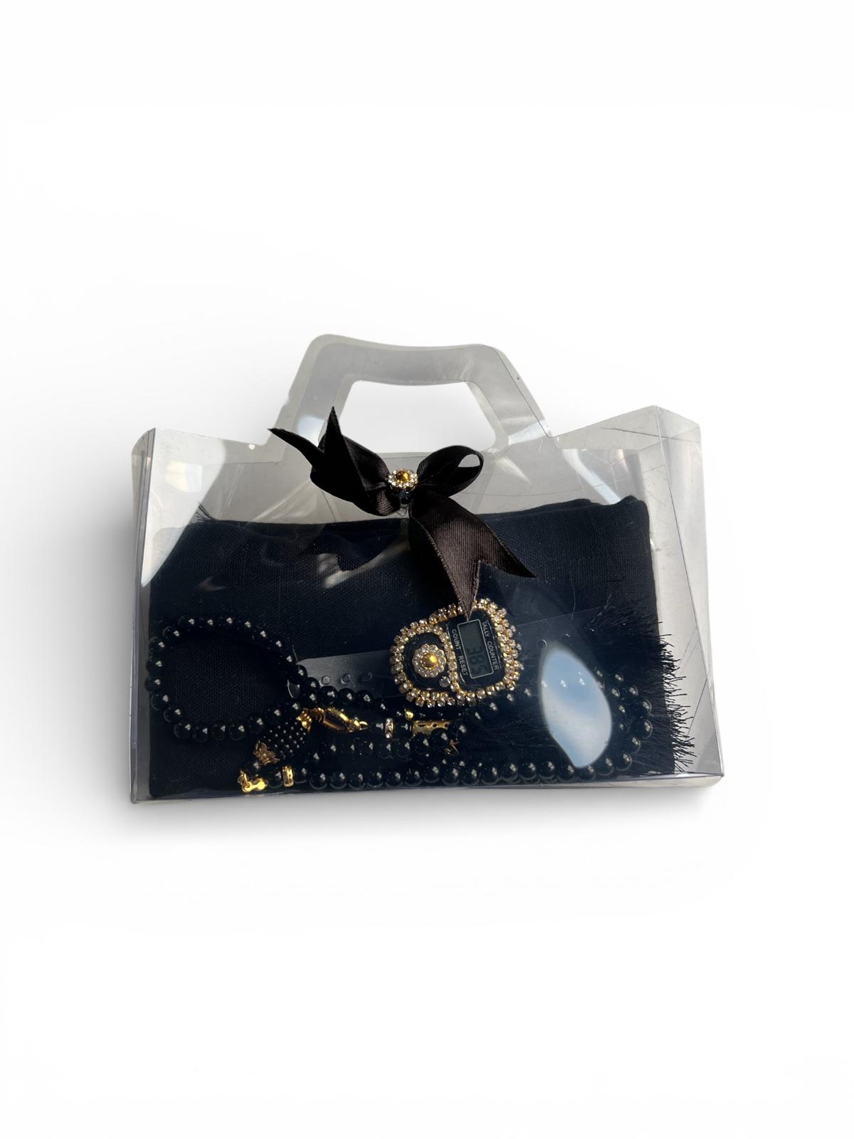 DLK TÜLBENTLİ ÇANTA SETİ PAKETTE 2'Lİ SİYAH (TÜLBENT,ZİKİRMATİK,İNCİ TESBİH)