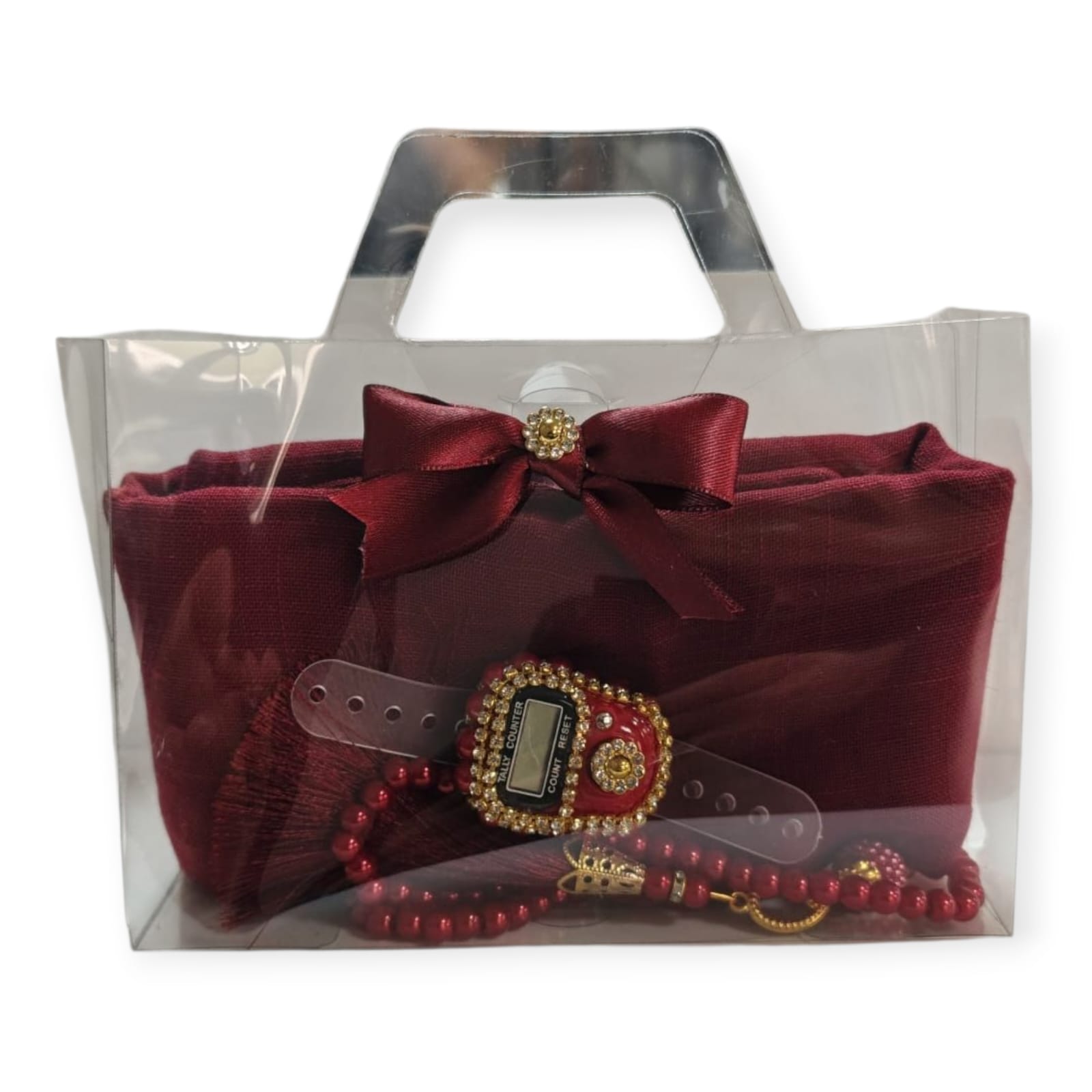 DLK TÜLBENTLİ ÇANTA SETİ PAKETTE 2'Lİ KIRMIZI BORDO (TÜLBENT,ZİKİRMATİK,İNCİ TESBİH)