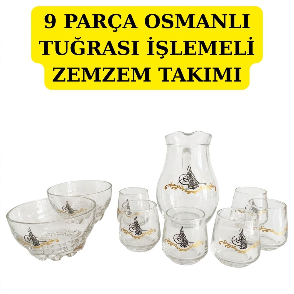 9 PARÇA OSMANLI TUĞRASI İŞLEMELİ ZEMZEM TAKIMI