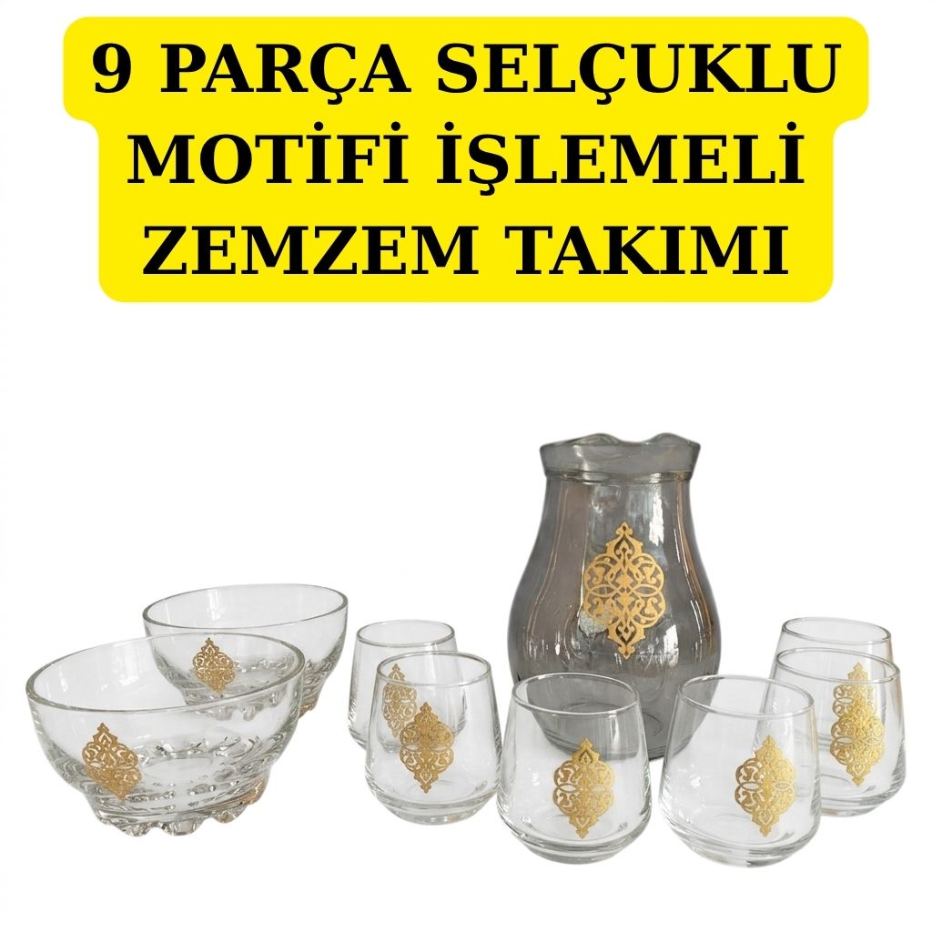 9 PARÇA SELÇUKLU MOTİFİ İŞLEMELİ ZEMZEM TAKIMI